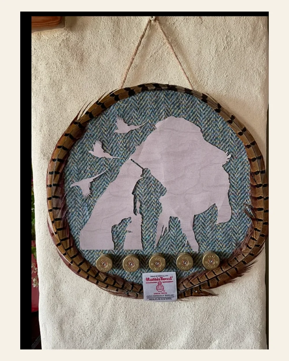 Circular handmade Harris Tweed Highland bull country wall art
